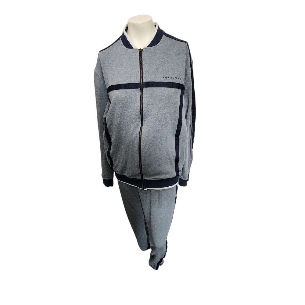 Sean John Tracksuit XL Gray Black Stripe Full Zip Jacket Pants Set Y2K